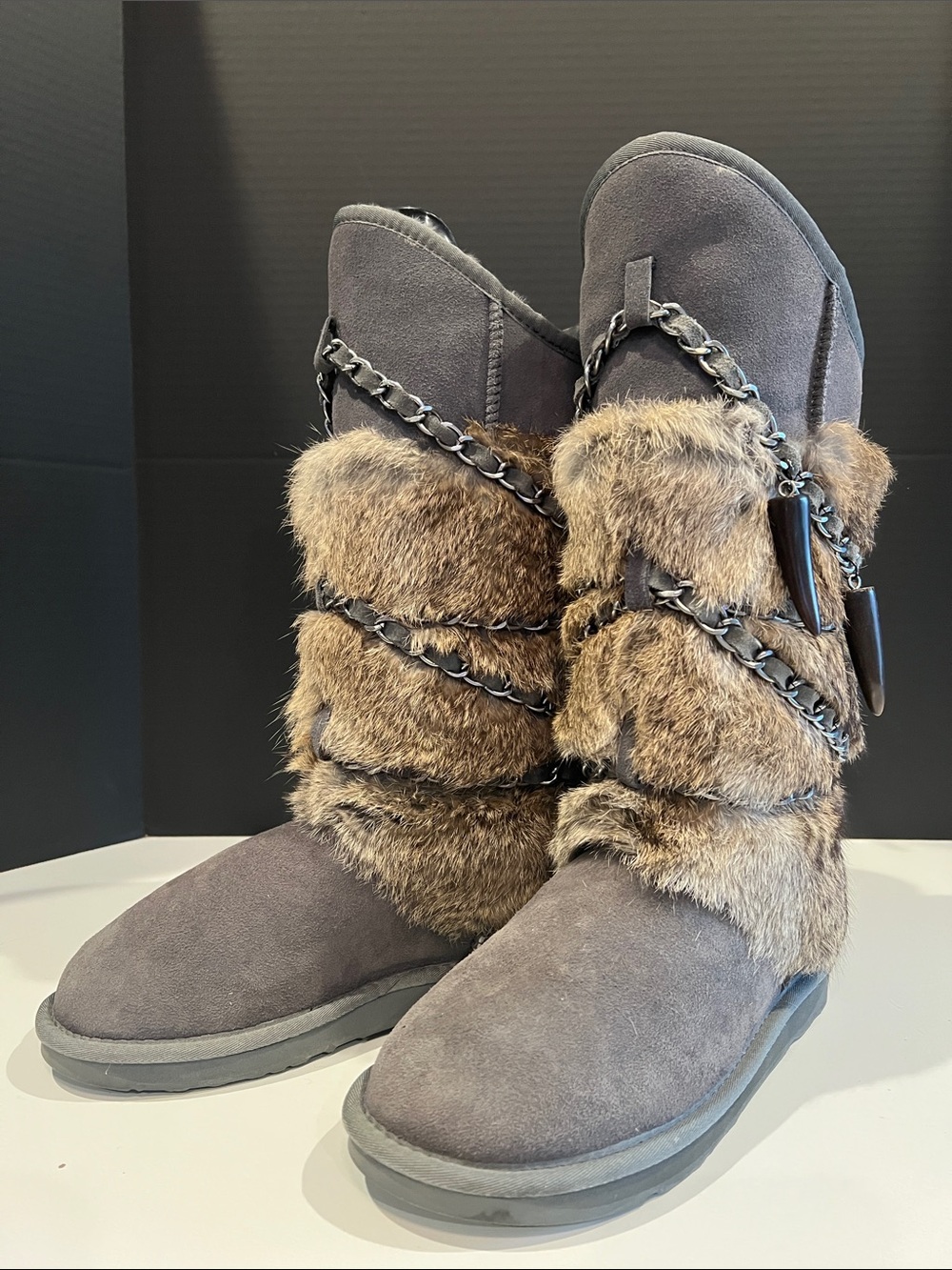Australia Luxe Collective Gray Suede Mid-Calf Boots with Brown fur